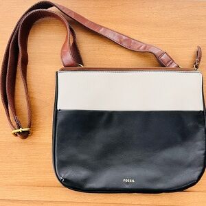 Fossil Fiona Colorblock Leather Crossbody Satchel Black Ivory Brown
